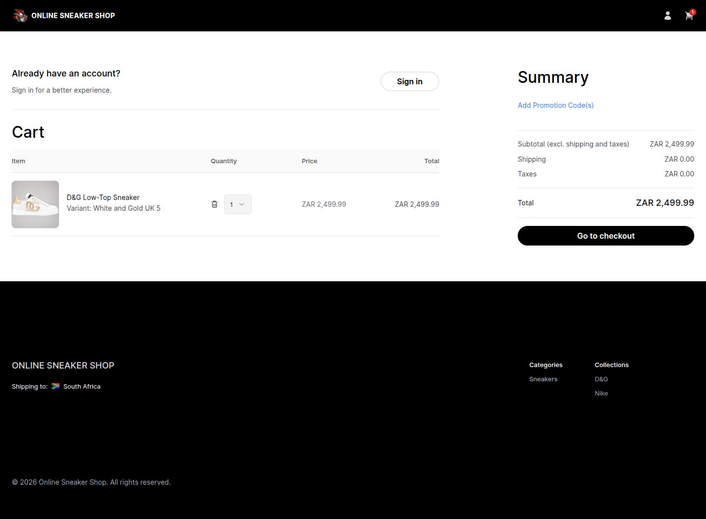 Online Sneaker Shop Cart Management View
