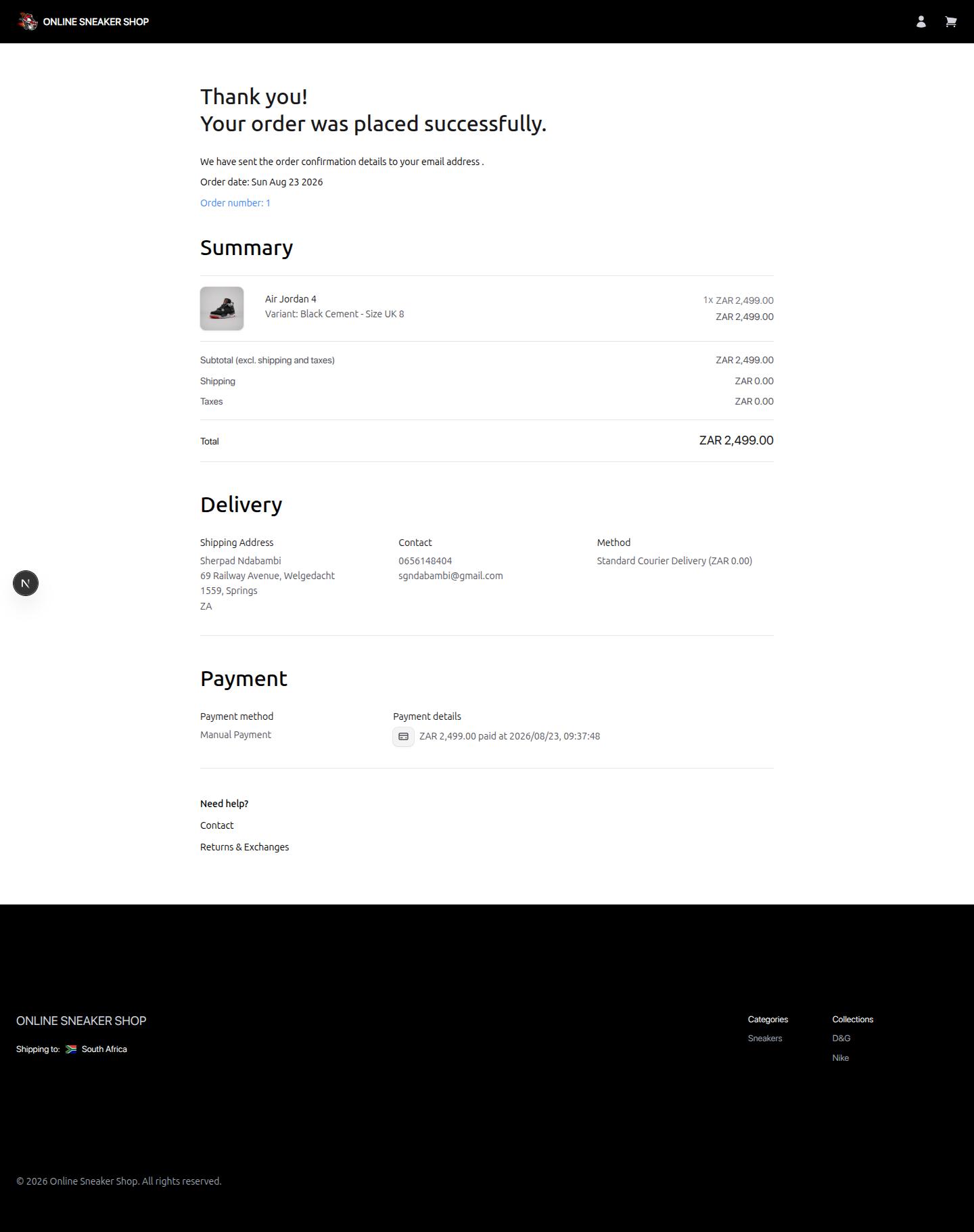 Online Sneaker Shop Order Confirmation View
