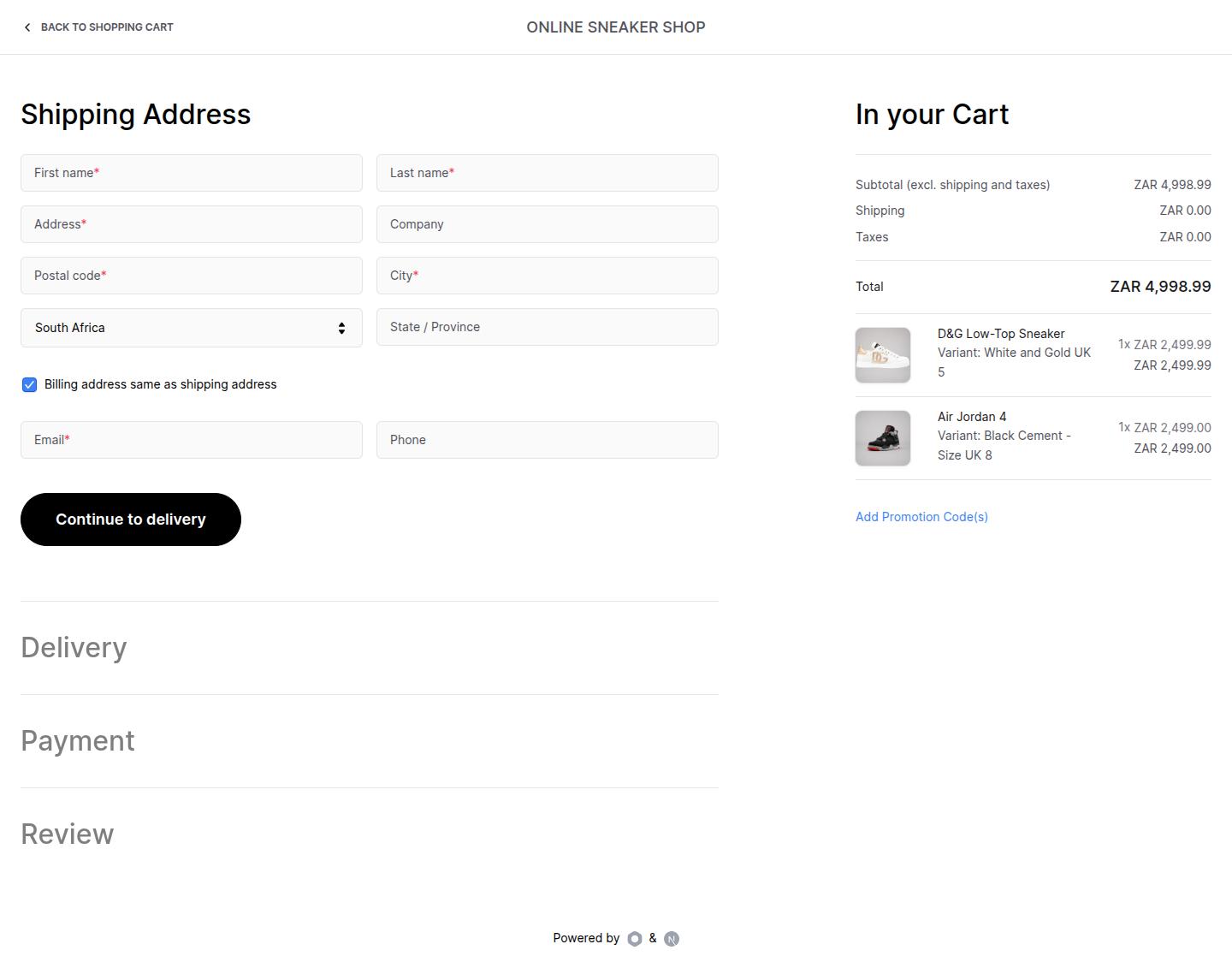 Online Sneaker Shop Checkout Shipping Information View